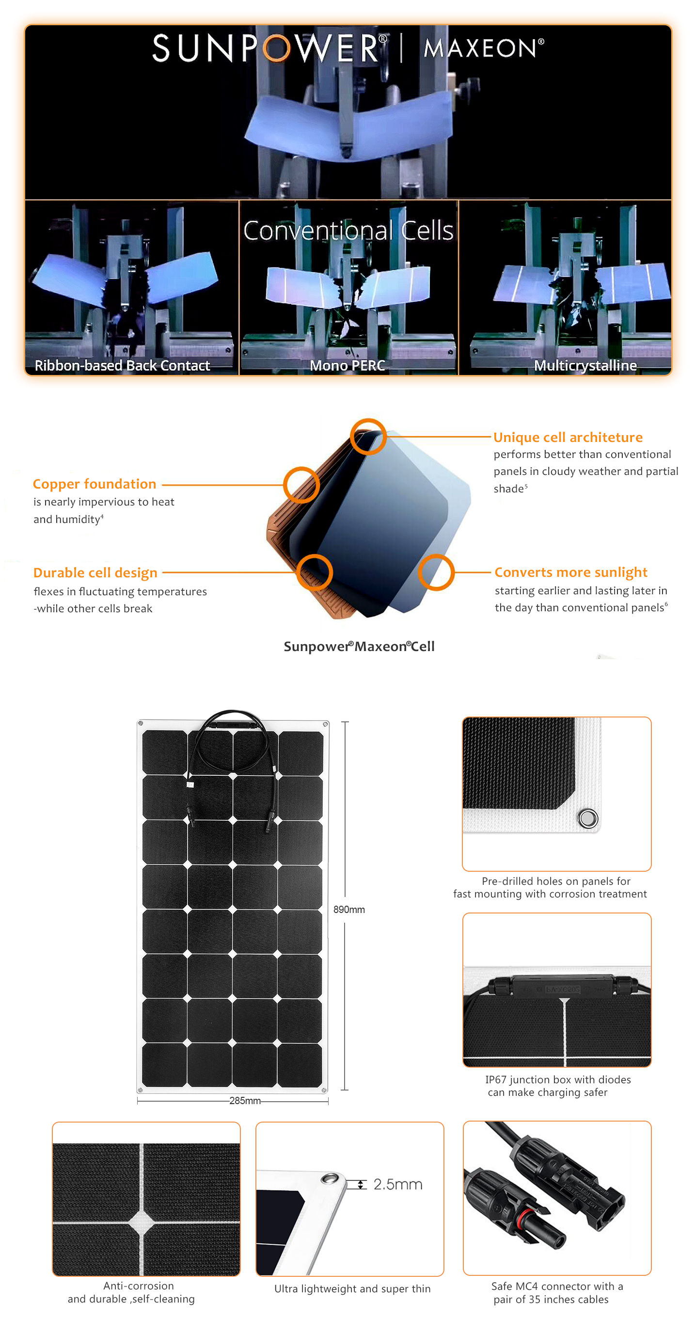 EYONGPV-100W Sunpower ETFE Flexible Bendable Black Transparent Solar Panel