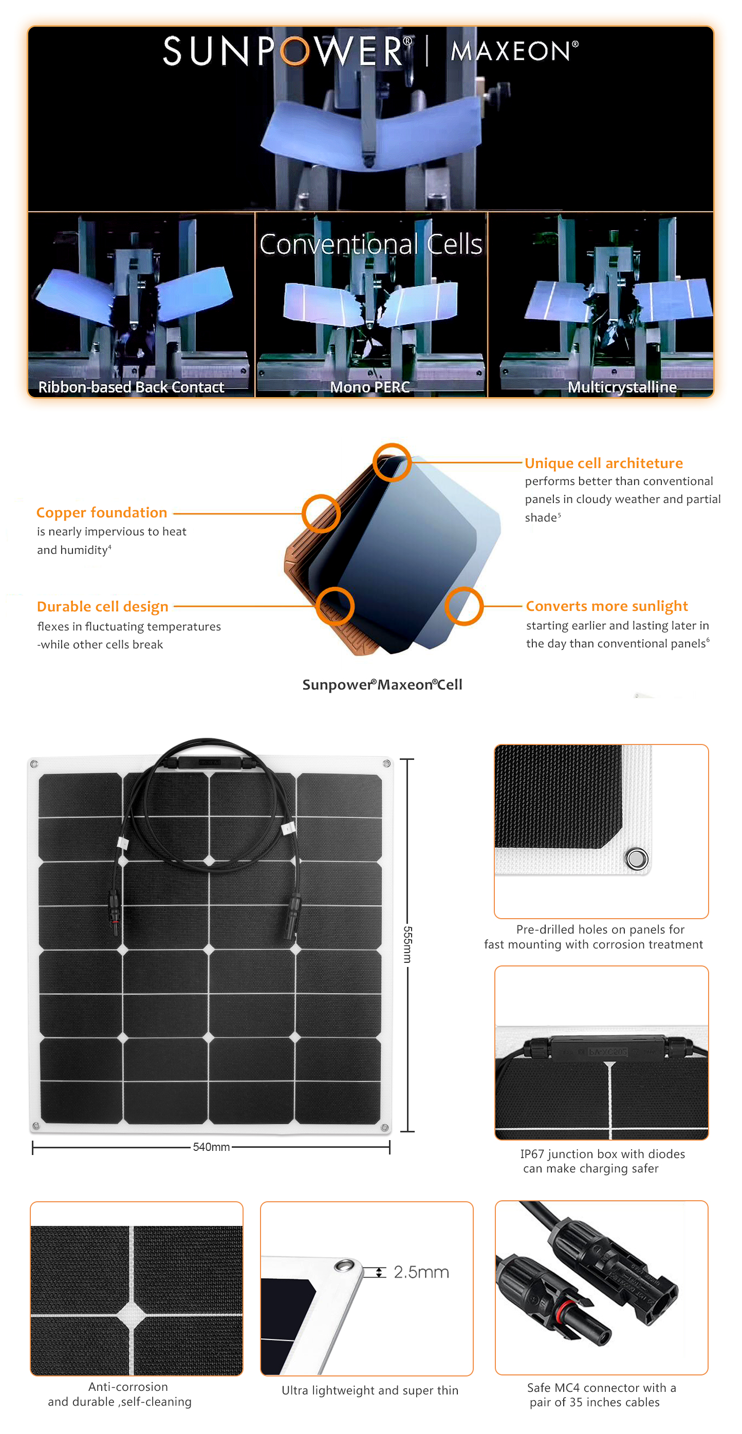 EYONGPV-50W Sunpower ETFE Flexible Bendable Black Transparent Solar Panel
