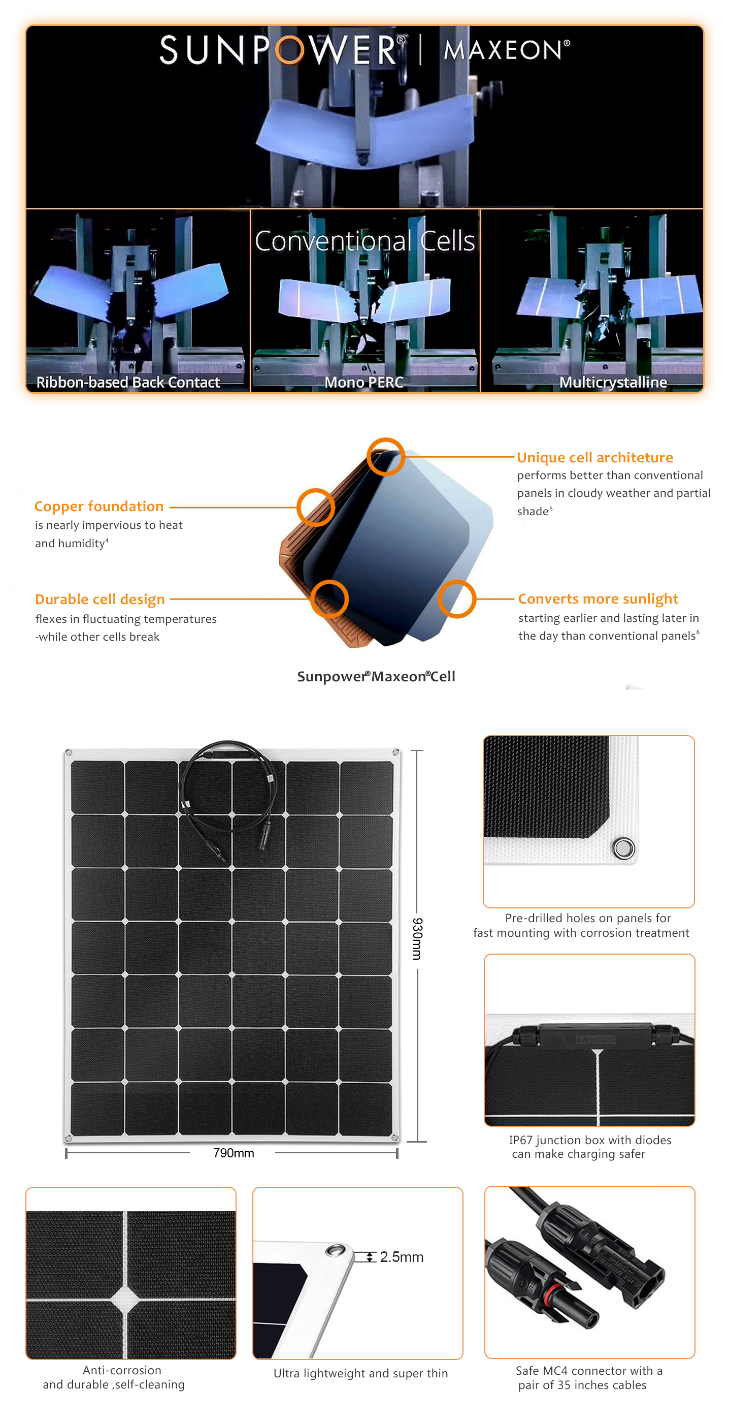 EYONGPV-140W Sunpower ETFE Flexible Bendable Black Transparent Solar Panel