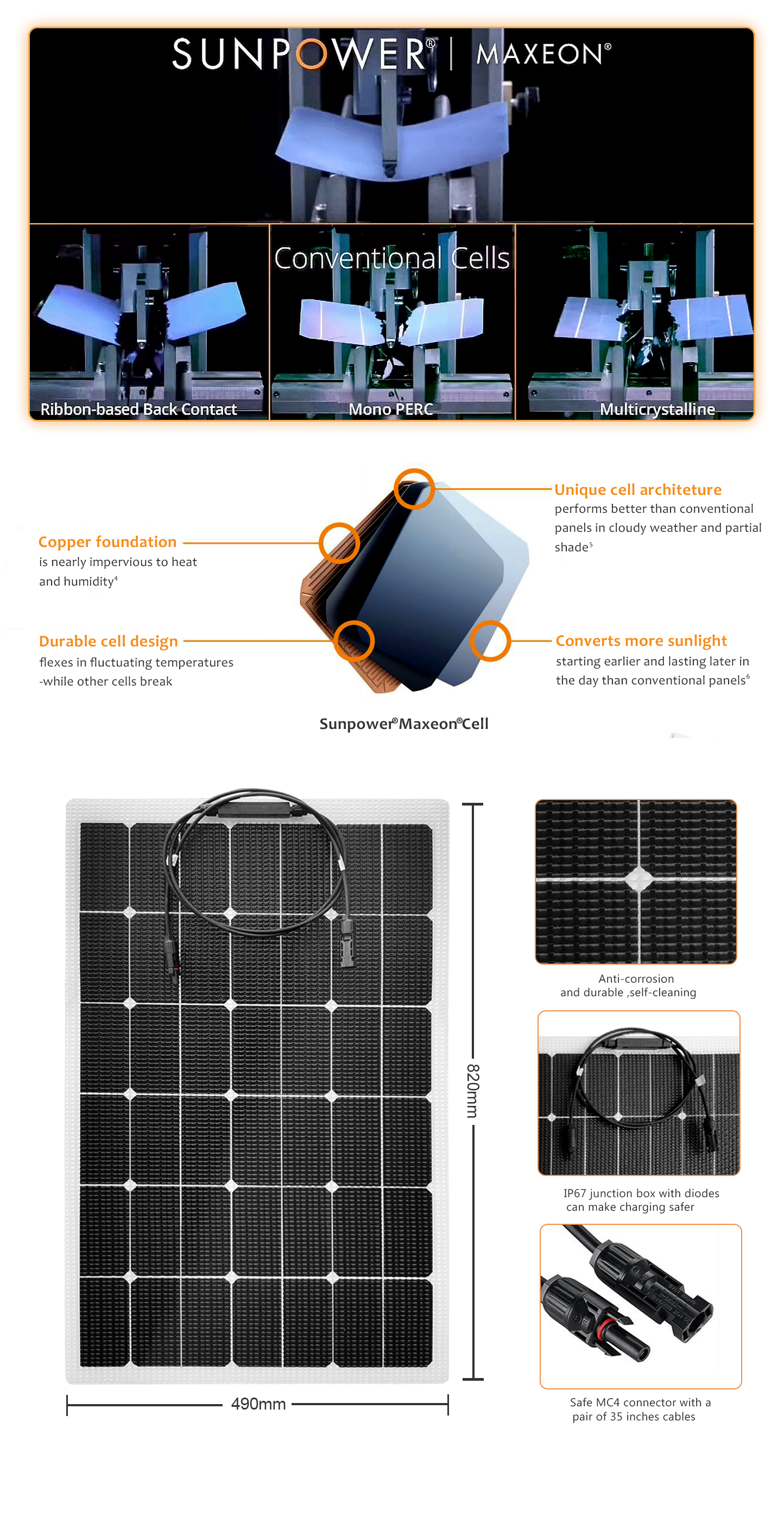 EYONGPV-70W Sunpower ETFE Flexible Bendable Black Transparent Solar Panel display