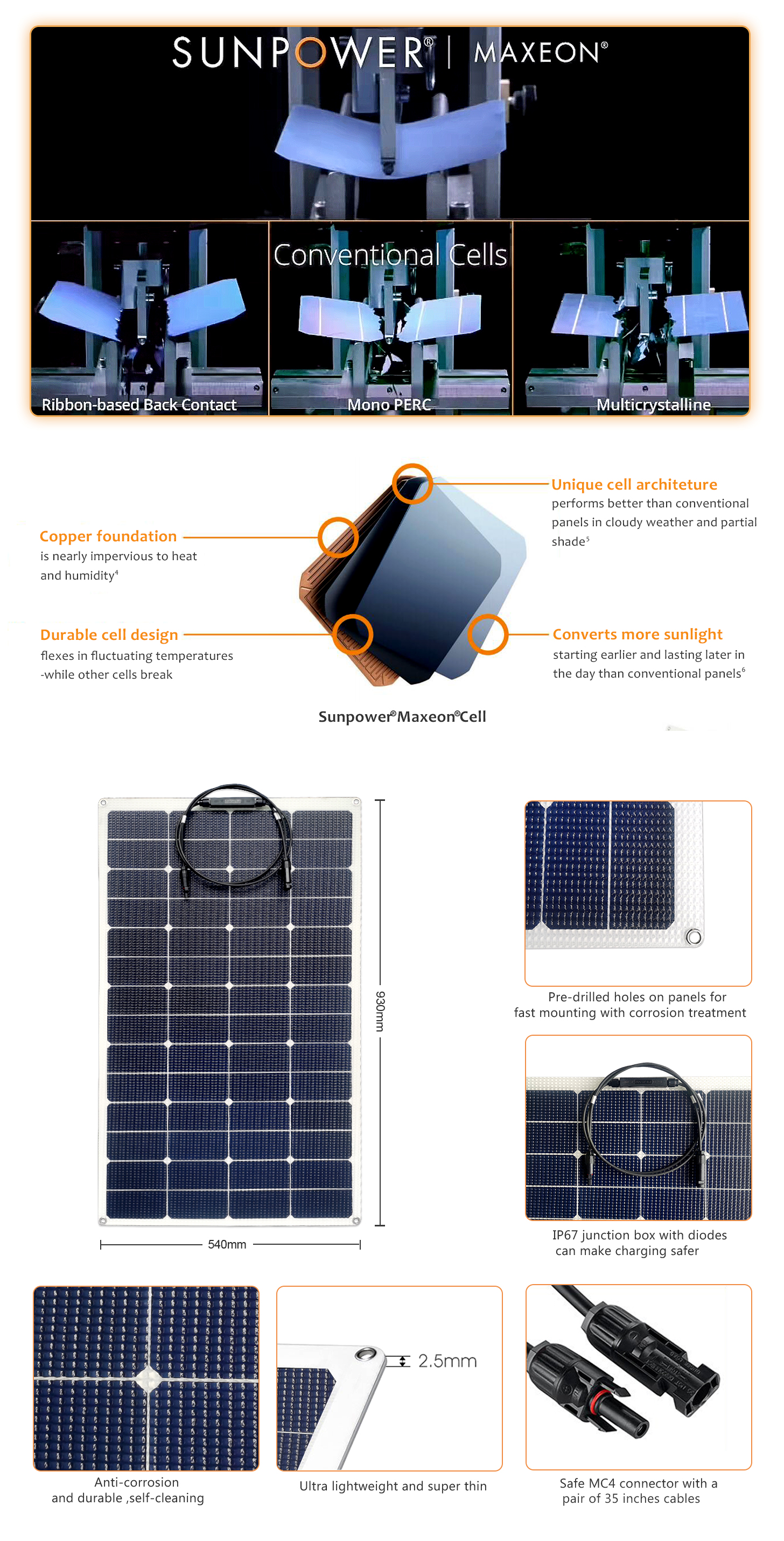 EYONGPV-95W Sunpower ETFE Flexible Bendable Black Transparent Solar Panel