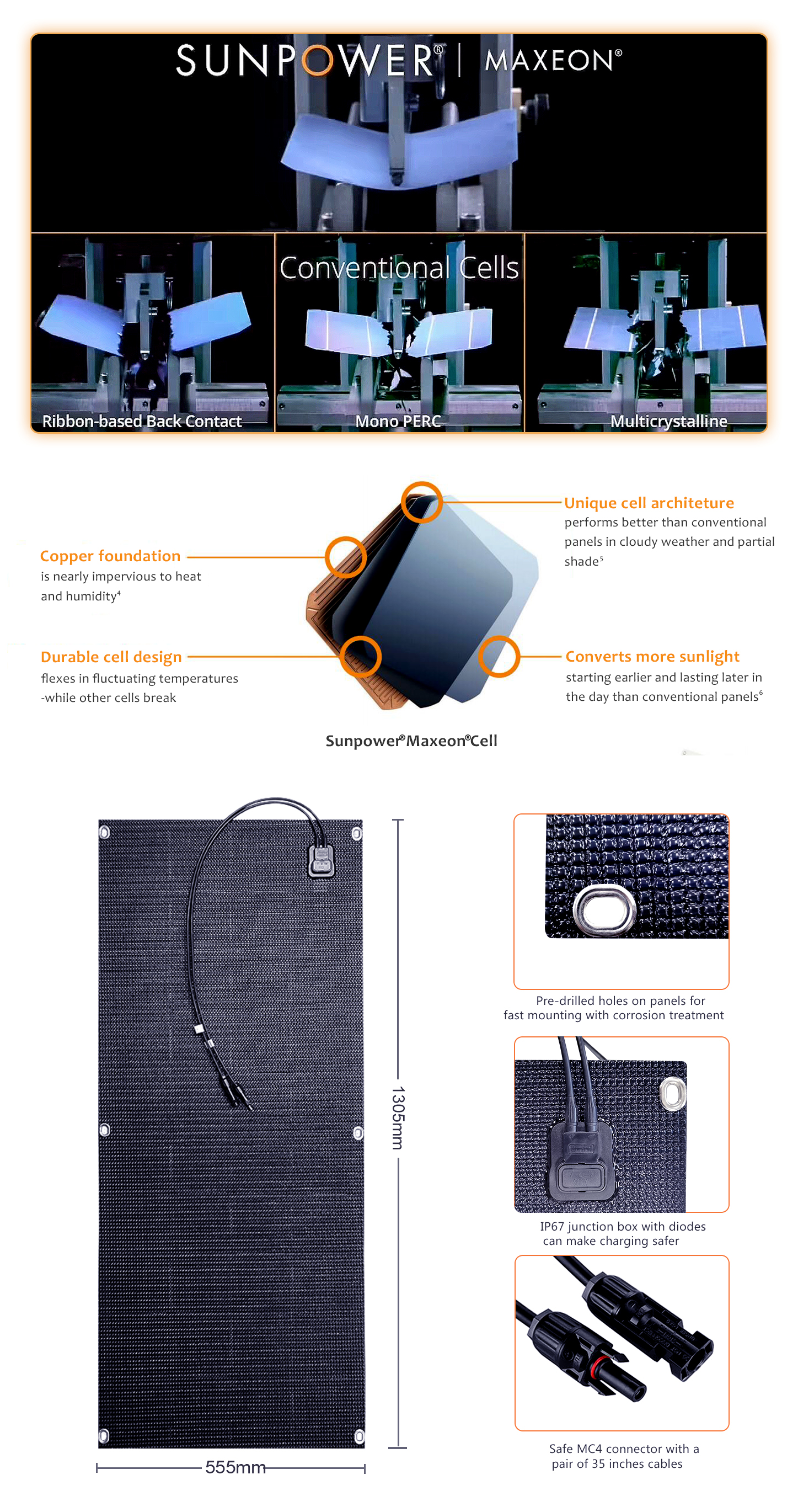 EYONGPV-130W Sunpower ETFE Flexible Bendable Black Transparent Solar Panel
