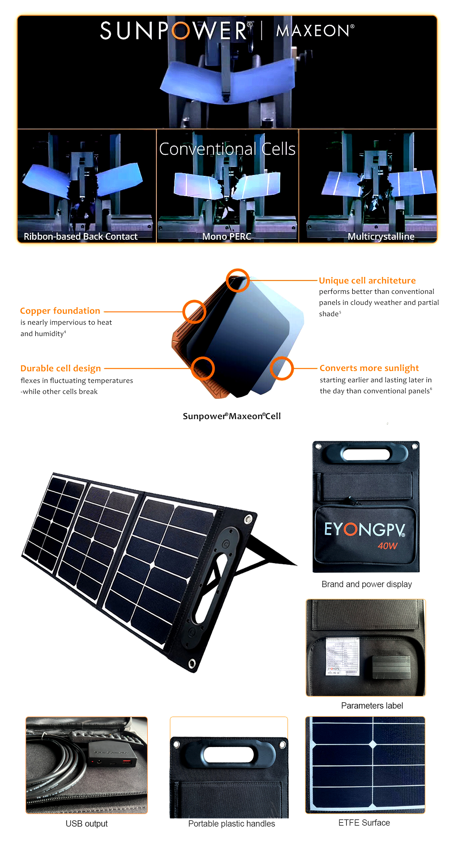EYONGPV-40W Sunpower Mono Foldable Folding Portable ETFE Solar Panel Charger Kit
