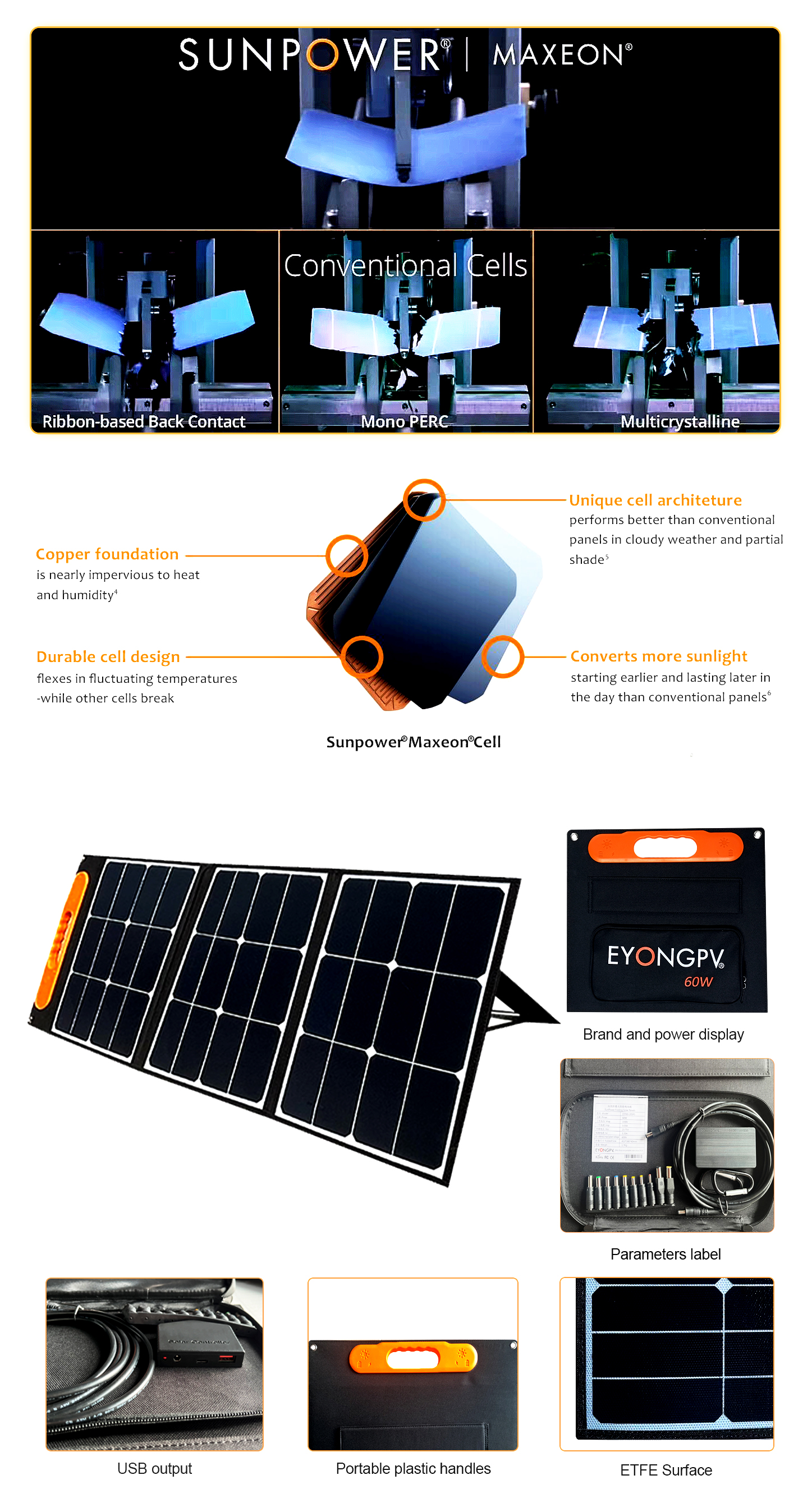 EYONGPV-40W Sunpower Mono Foldable Folding Portable ETFE Solar Panel Charger Kit